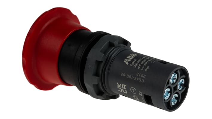 Pulsante di arresto di emergenza ABB, montaggio a pannello, diametro 22,5 mm, protezione IP66/IP67/IP69K, dimensioni 40x40x73 mm.