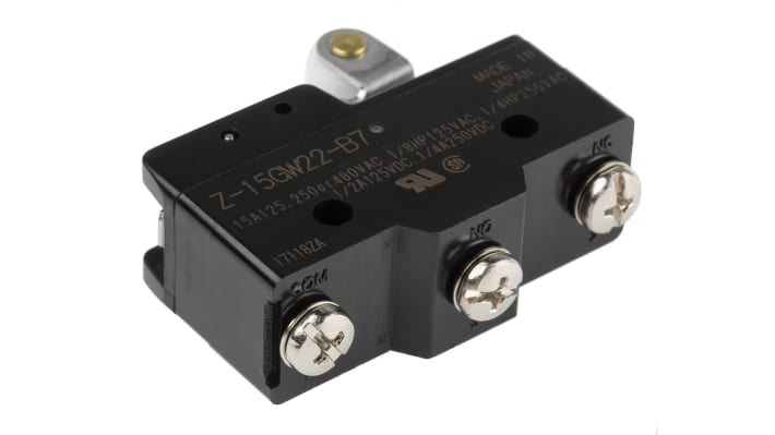 Interruttore di fine corsa Omron Z-15GW22-B7-K, leva a rullo SPDT, contatti NO/NC, dimensioni 49.2mm x 29.4mm x 17.45mm.