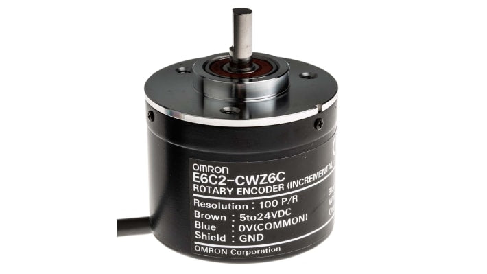 Omron E6C2-CWZ6C, encoder incrementale NPN, 100 impulsi/giro, diametro albero 6 mm, protezione IP64, altezza 66.59 mm.