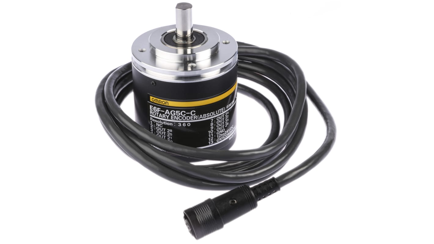 Encoder assoluto NPN Omron E6F-AG5C-C 360 2M, 360 impulsi/giro, diametro albero 10 mm, IP65, altezza 85 mm, larghezza 60 mm.
