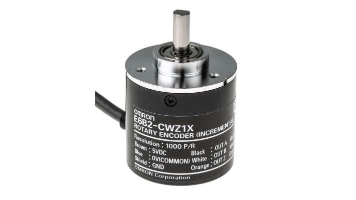 Encoder incrementale Omron E6B2-CWZ1X, 1000 impulsi/giro, uscita Line driver, diametro albero 6 mm, altezza 59 mm.