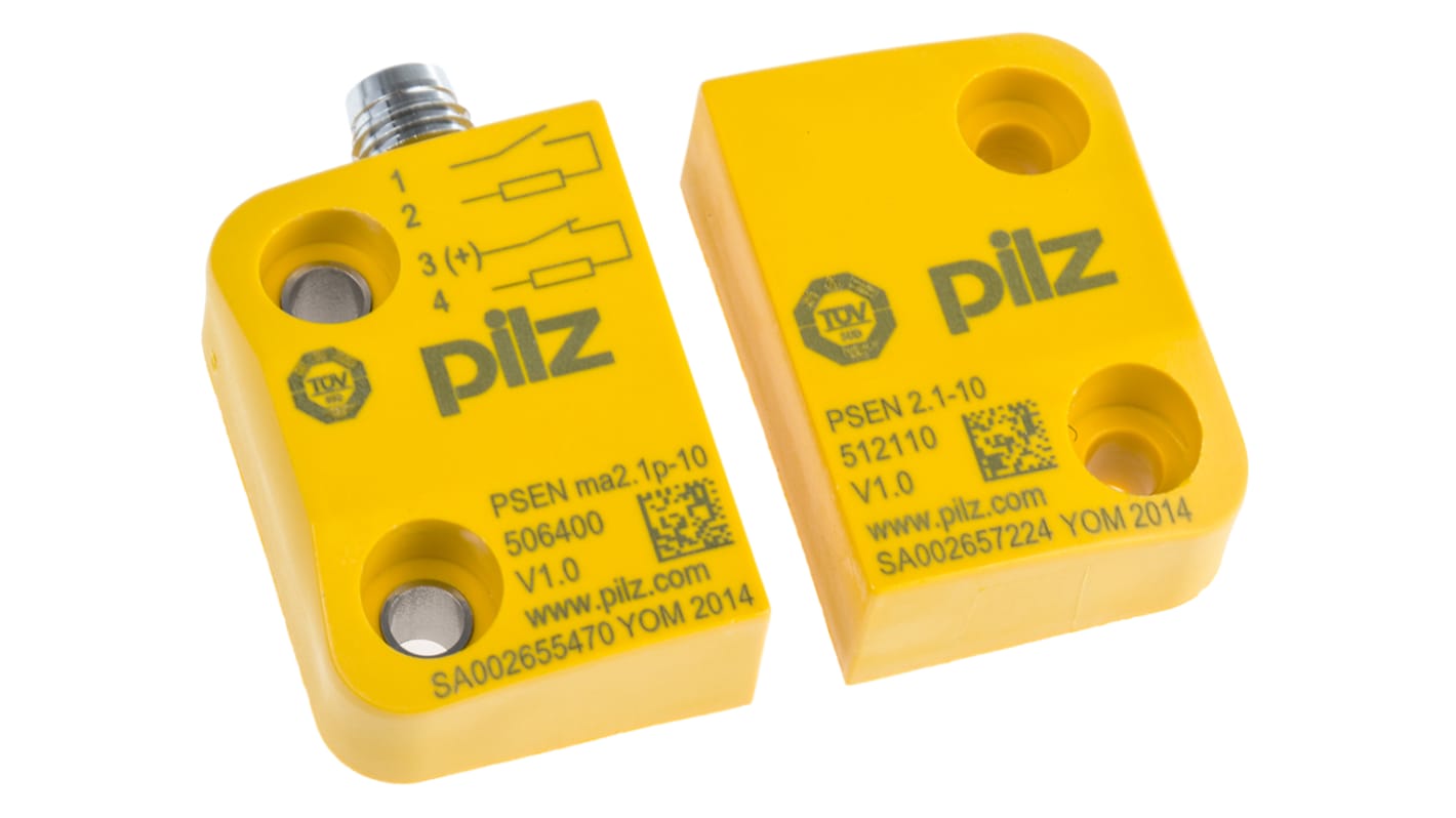 Interruttore di sicurezza senza contatto Pilz 506405, 24V cc, IP67, attuatore incluso, dimensioni 45mm x 26mm x 13mm.