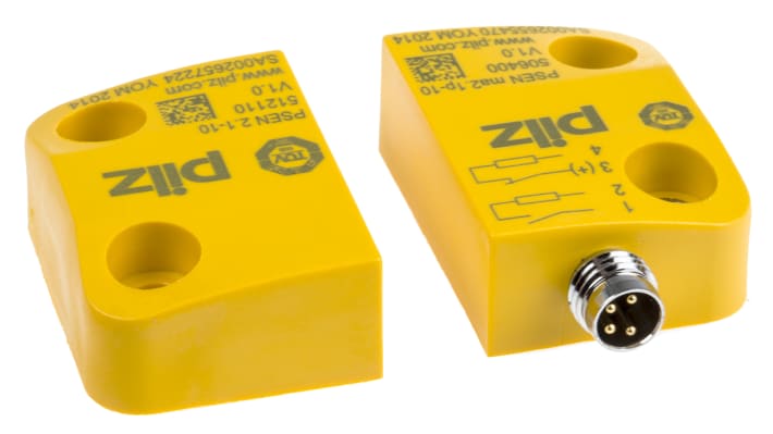 Interruttore di sicurezza senza contatto Pilz 506405, 24V cc, IP67, attuatore incluso, dimensioni 45mm x 26mm x 13mm.
