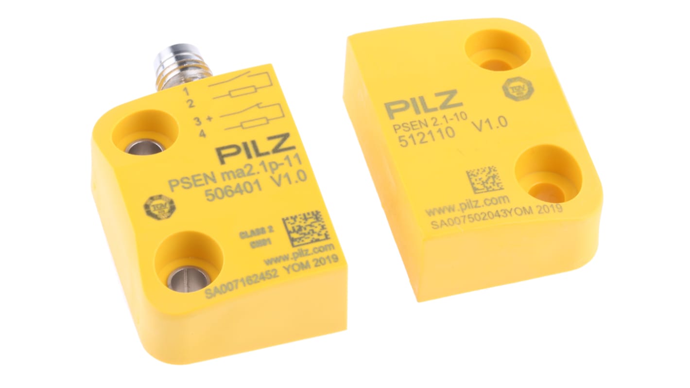 Interruttore di sicurezza senza contatto Pilz M8, 24V cc, grado di protezione IP67, dimensioni 45mm x 26mm x 13mm.