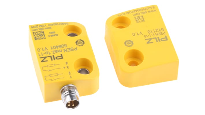 Interruttore di sicurezza senza contatto Pilz M8, 24V cc, grado di protezione IP67, dimensioni 45mm x 26mm x 13mm.