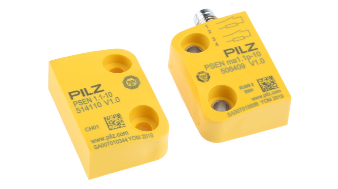 Interruttore di sicurezza senza contatto Pilz 506411, 24V cc, 2NO, grado di protezione IP67, dimensioni 45mm x 26mm x 13mm.