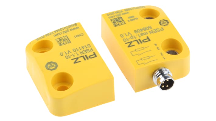 Interruttore di sicurezza senza contatto Pilz 506411, 24V cc, 2NO, grado di protezione IP67, dimensioni 45mm x 26mm x 13mm.