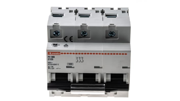 Interruttore magnetotermico Lovato P2MB3PC125, 3 poli, 125 A, curva C, montaggio su guida DIN, dimensioni 81x85x80 mm.