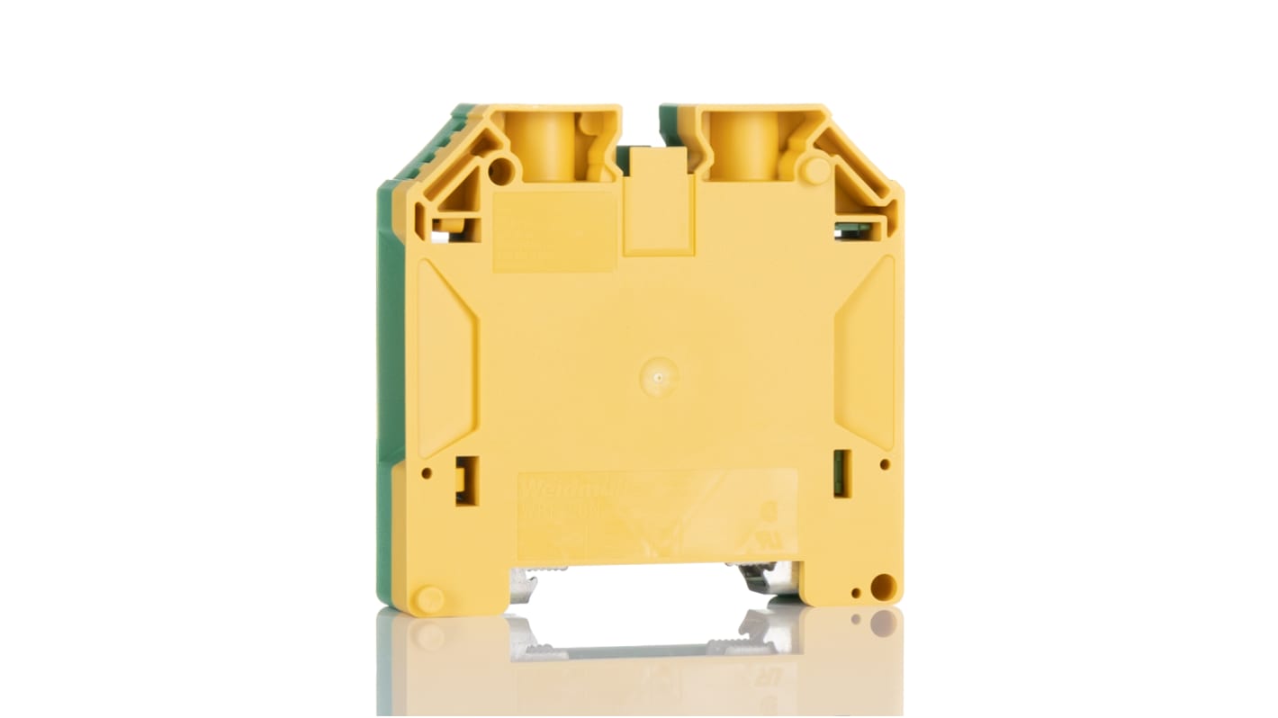 Morsettiera per guida DIN Weidmüller 1846040000 in verde/giallo - AWG 14-0, Serie W - WPE 50N - Resistente, autoestinguente - Ideale per gestione energia e telecomunicazioni.