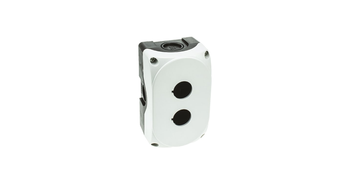 Scatola per pulsante Lovato LPZP2A8, 2 fori da 22mm, in policarbonato grigio, protezione IP66/IP67/IP69K, dimensioni 56x72x117mm.