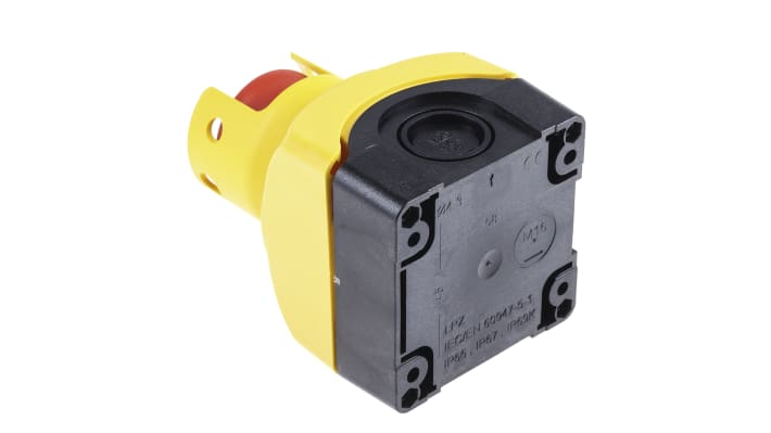 Pulsante di arresto di emergenza Lovato S1PY91PS, montaggio superficiale, 72 x 72 mm, grado di protezione IP66/IP67/IP69K.