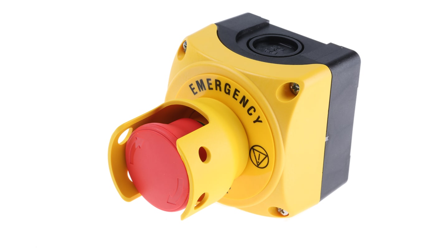 Pulsante di arresto di emergenza Lovato S1PY91S, montaggio superficiale, contatto 1NC, grado di protezione IP66/IP67/IP69K, dimensioni 72x72x97.4 mm.