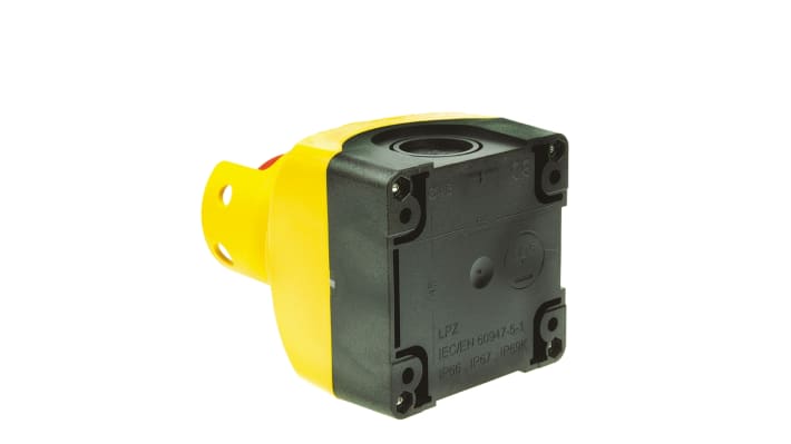 Pulsante di arresto di emergenza Lovato S1PY91S, montaggio superficiale, contatto 1NC, grado di protezione IP66/IP67/IP69K, dimensioni 72x72x97.4 mm.