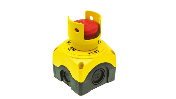 Pulsante di arresto di emergenza Lovato S1PY91S, montaggio superficiale, contatto 1NC, grado di protezione IP66/IP67/IP69K, dimensioni 72x72x97.4 mm.
