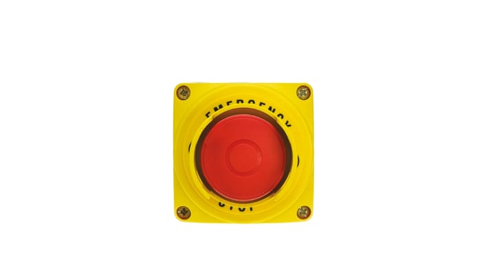 Pulsante di arresto di emergenza Lovato S1PY91S, montaggio superficiale, contatto 1NC, grado di protezione IP66/IP67/IP69K, dimensioni 72x72x97.4 mm.