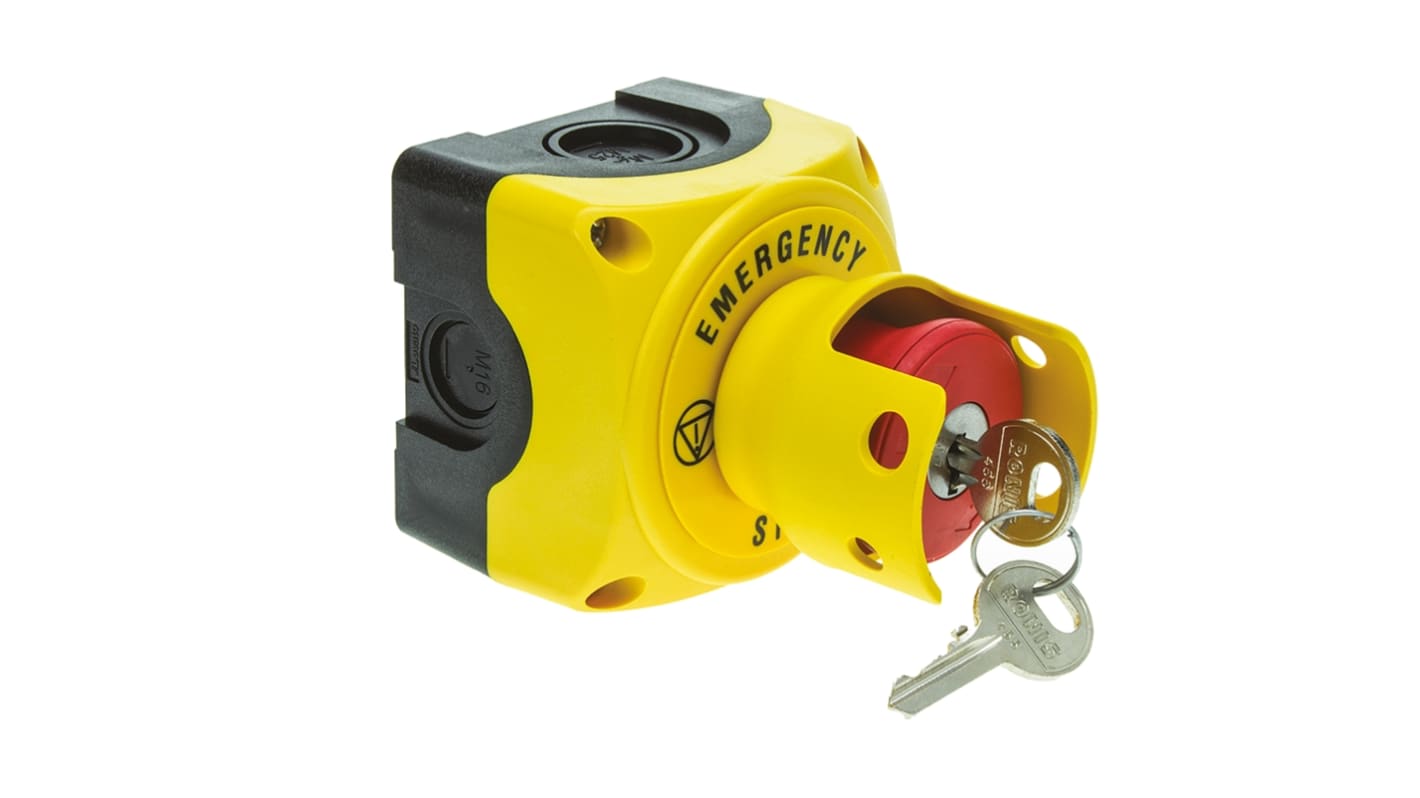 Pulsante di arresto di emergenza Lovato S1PY91KSS, montaggio superficiale, grado di protezione IP66/IP67/IP69K, dimensioni 72x72x97.4mm.