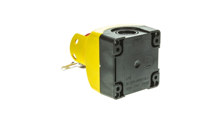 Pulsante di arresto di emergenza Lovato S1PY91KSS, montaggio superficiale, grado di protezione IP66/IP67/IP69K, dimensioni 72x72x97.4mm.