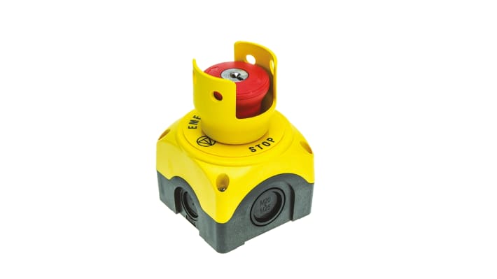 Pulsante di arresto di emergenza Lovato S1PY91KSS, montaggio superficiale, grado di protezione IP66/IP67/IP69K, dimensioni 72x72x97.4mm.
