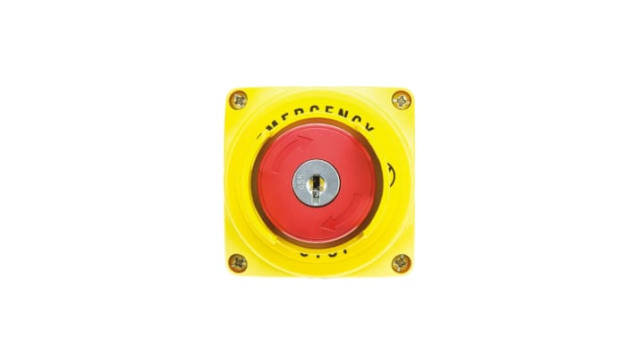 Pulsante di arresto di emergenza Lovato S1PY91KSS, montaggio superficiale, grado di protezione IP66/IP67/IP69K, dimensioni 72x72x97.4mm.