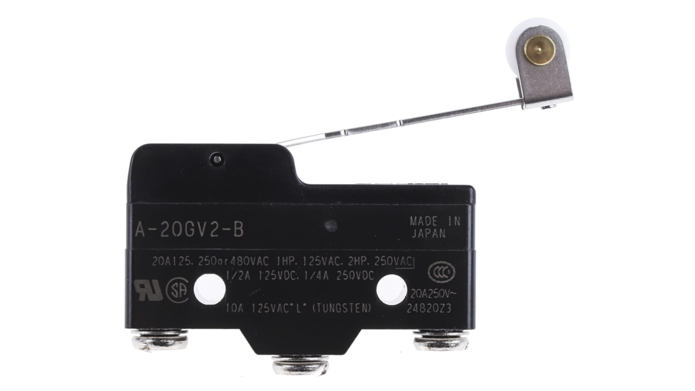 Interruttore di fine corsa Omron A-20GV2-B, leva a rullo SPDT, montaggio laterale, dimensioni 49.2 x 17.45 x 29.4 mm.