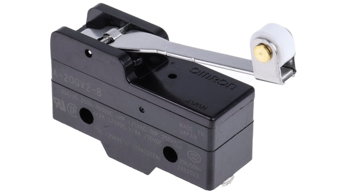 Interruttore di fine corsa Omron A-20GV2-B, leva a rullo SPDT, montaggio laterale, dimensioni 49.2 x 17.45 x 29.4 mm.