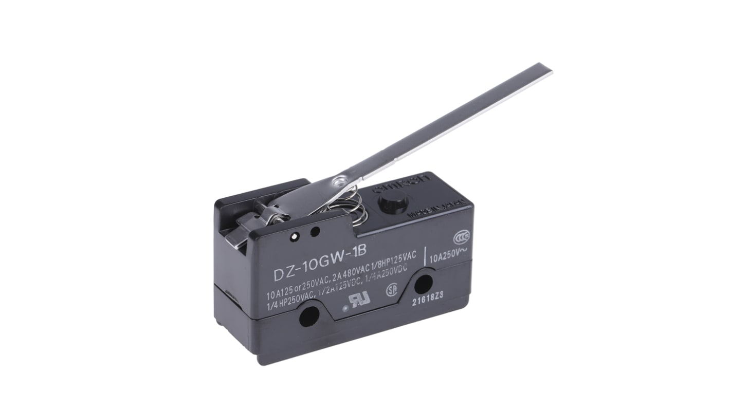 Interruttore di fine corsa Omron DZ-10GW-1B, leva DPDT, 10A a 250V, montaggio a vite, dimensioni 49.2mm x 27.9mm x 17.45mm.