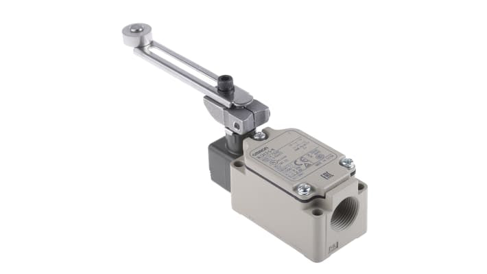 Interruttore di fine corsa Omron WL-CA12-GN con leva regolabile, grado di protezione IP67, dimensioni 94,1 x 67 x 40 mm.