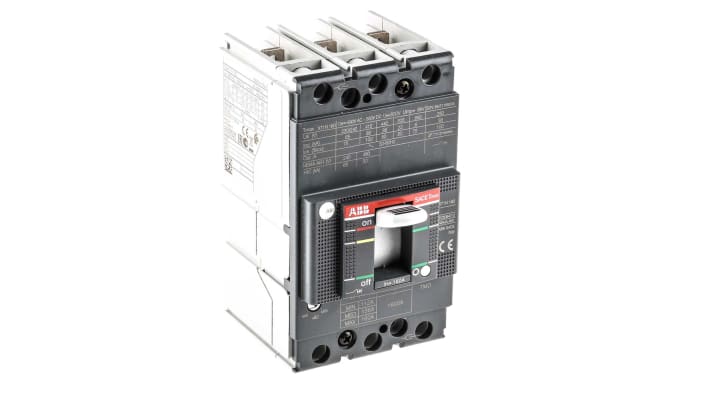 Interruttore magnetotermico ABB XT1N 160 TMD, 160 A, 690 V, 3 poli, montaggio su guida DIN, dimensioni 76,2 x 130 x 70 mm.