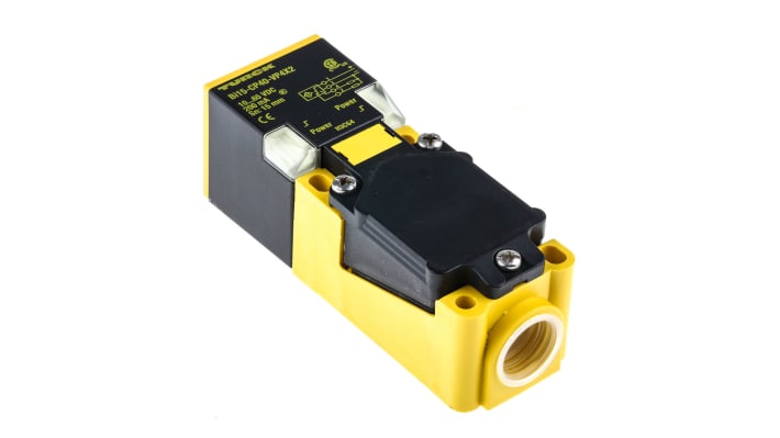 Sensore di prossimità PNP Turck BI15-CP40-VP4X2, rilevamento 15 mm, IP67, montaggio a filo, dimensioni 114 x 40 x 40 mm.