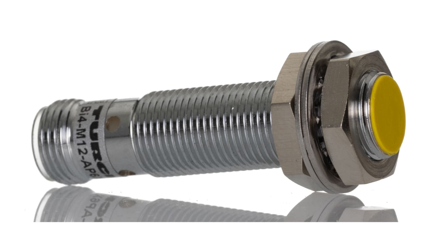 Sensore di prossimità cilindrico Turck Bi4-M12-AP6X-H1141, PNP M12, rilevamento 4 mm, IP67, montaggio a filo, lunghezza 52 mm.
