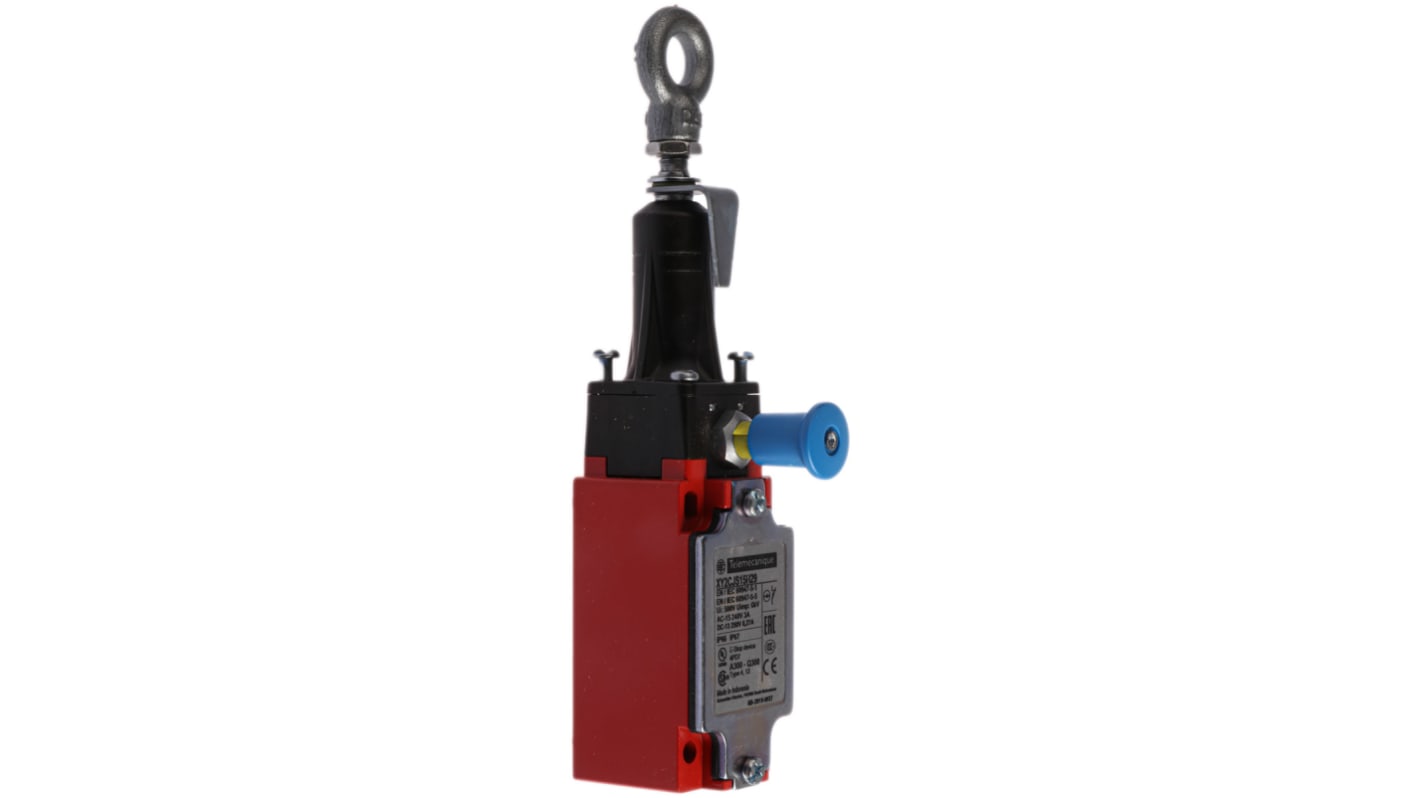 Interruttore a fune Telemecanique Sensors XY2CJ, montaggio destro/sinistro, cavo 20m, grado di protezione IP66/IP67, dimensioni 200.9 x 64.2 x 40mm.