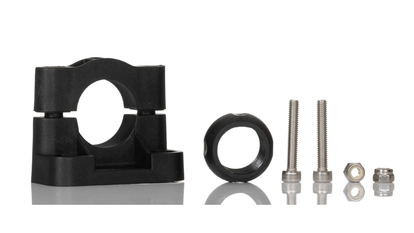 Staffa di montaggio Banner SMB18SF per sensori fotoelettrici, realizzata in plastica VALOX nera, design girevole per installazione precisa. Adatta a sensori Mini-Beam, M18, Q25, S18 e T18.