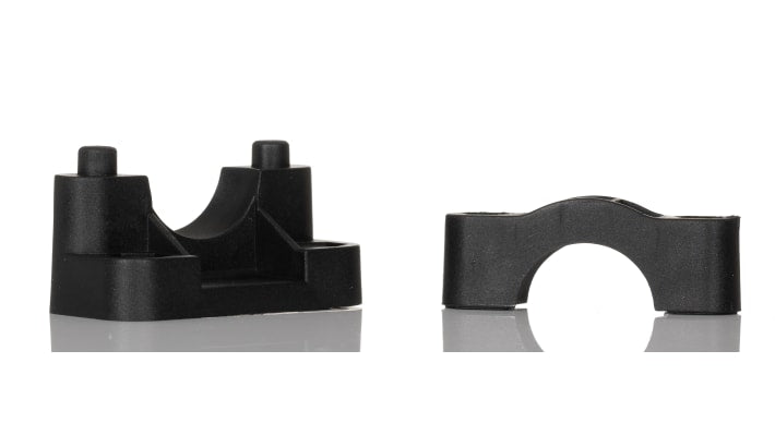 Staffa di montaggio Banner SMB18SF per sensori fotoelettrici, realizzata in plastica VALOX nera, design girevole per installazione precisa. Adatta a sensori Mini-Beam, M18, Q25, S18 e T18.