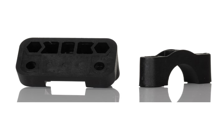 Staffa di montaggio Banner SMB18SF per sensori fotoelettrici, realizzata in plastica VALOX nera, design girevole per installazione precisa. Adatta a sensori Mini-Beam, M18, Q25, S18 e T18.