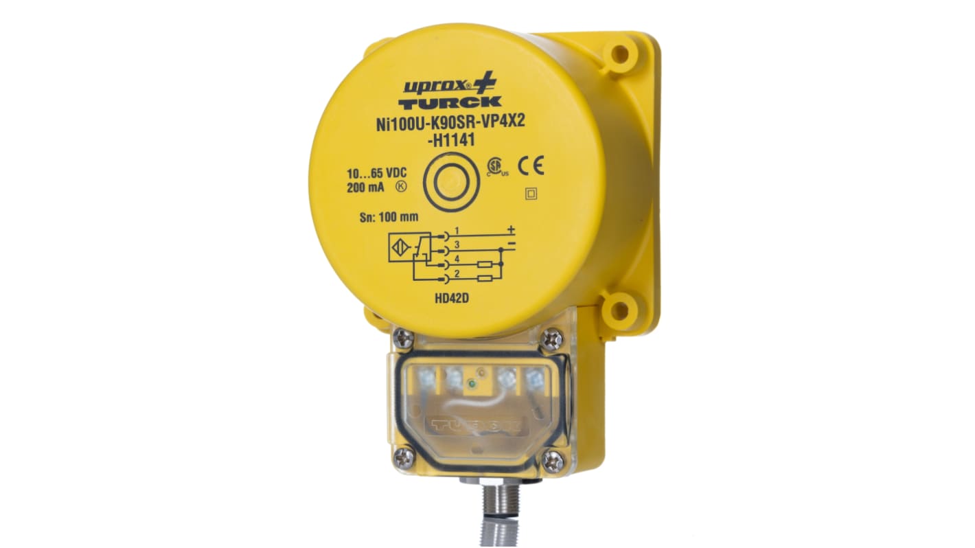 Sensore di prossimità PNP Turck NI100U-K90SR-VP4X2-H1141, induttivo, 100 mm, IP67, montaggio non a filo, dimensioni 130x62x90 mm.
