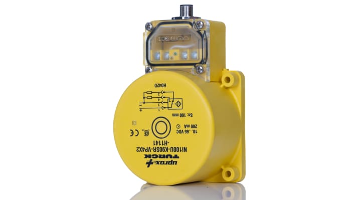 Sensore di prossimità PNP Turck NI100U-K90SR-VP4X2-H1141, induttivo, 100 mm, IP67, montaggio non a filo, dimensioni 130x62x90 mm.
