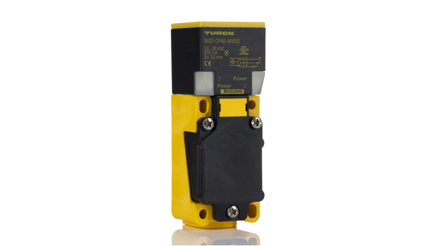 Turck NI20-CP40-AP6X2, sensore di prossimità induttivo PNP, rilevamento 20 mm, IP67, dimensioni 114x40x40 mm.