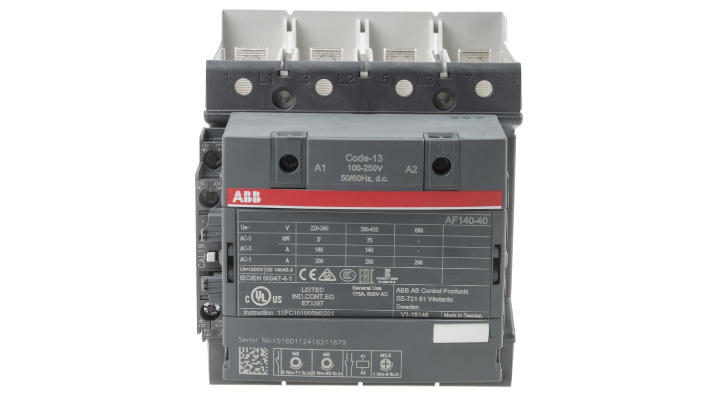 Contattore ABB 1SFL447102R1311 AF140-40-11B-13, 4 poli, 200 A, 75 kW, 690 V, dimensioni 120 x 150 x 128 mm.