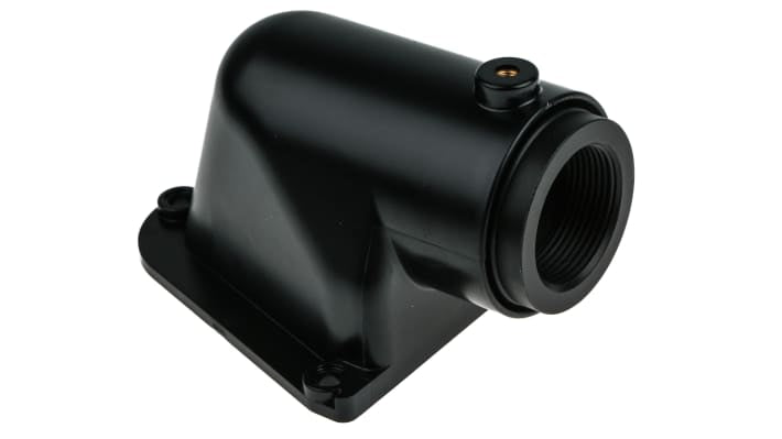 Staffa ad angolo retto Banner LMB30RA per montaggio su tubo, compatibile con colonne luminose CL50, foro di 40mm. Include viti e O-ring.