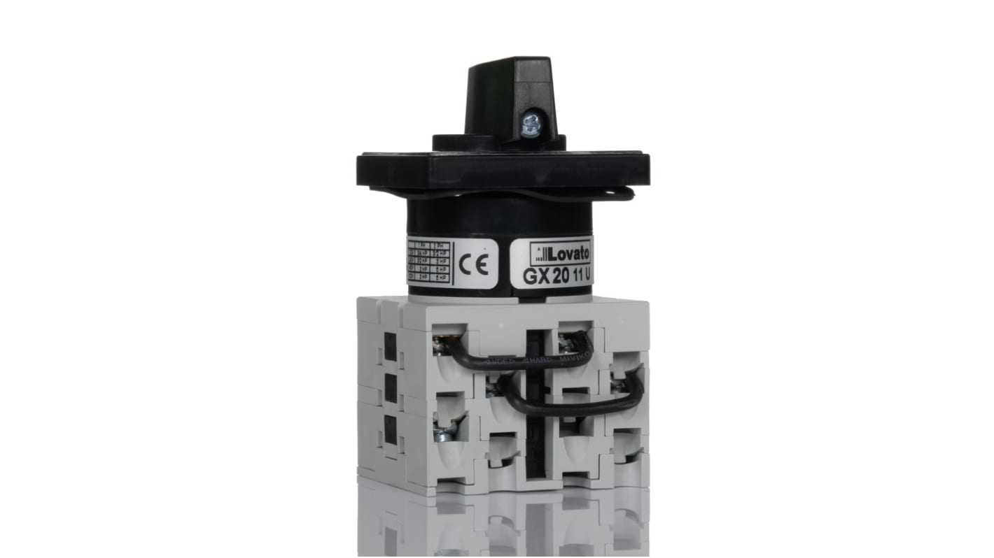 Interruttore a camma Lovato GX2011U, 3 posizioni 3PDT, montaggio frontale, corrente massima 20A, dimensioni 48 x 48 x 87,5 mm.