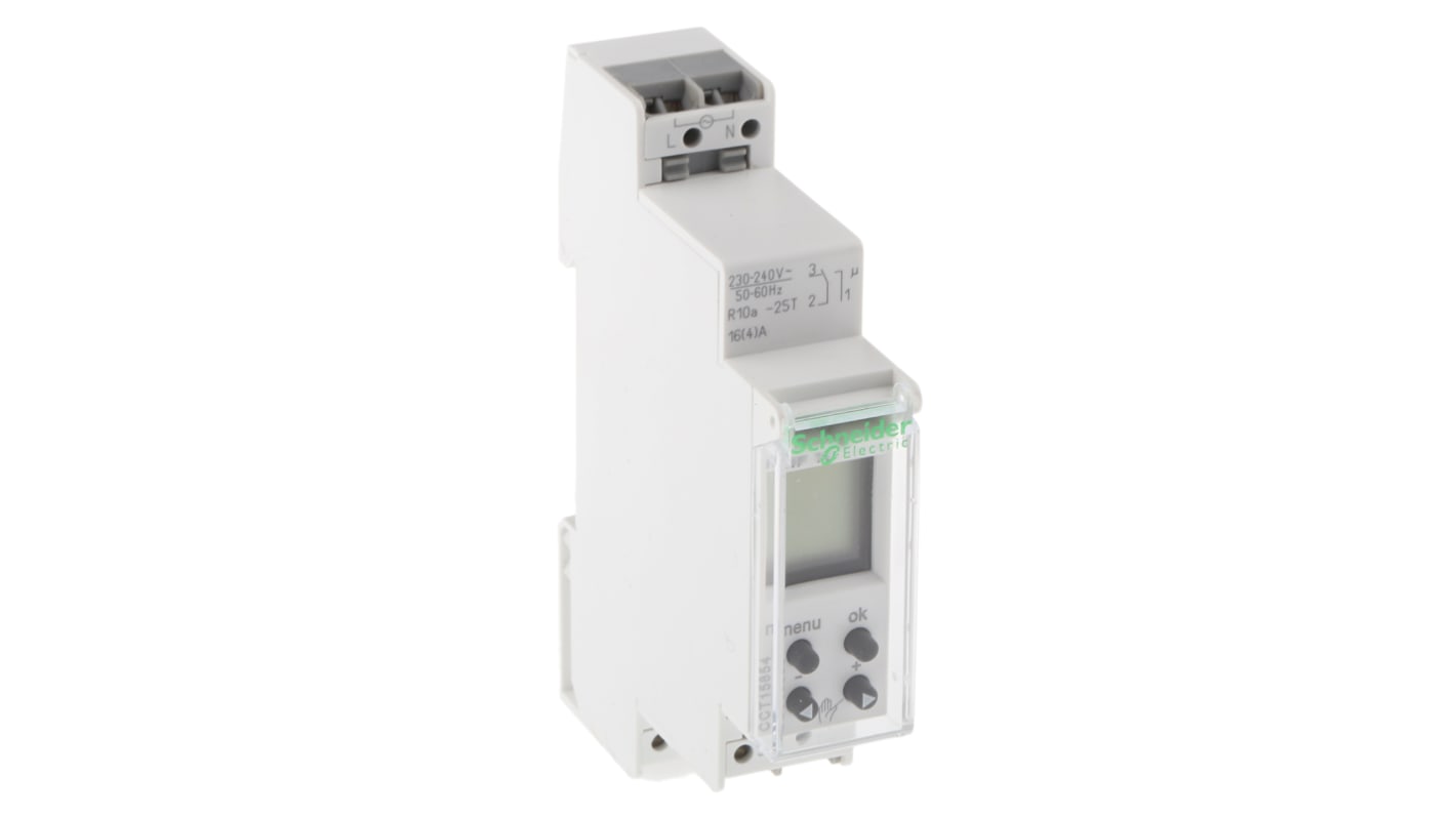 Interruttore temporizzato digitale Schneider Electric CCT15854 per guida DIN, 230V, batteria 10 anni. Automazione apparecchiature elettriche, display LCD, IP20. Ideale per illuminazione industriale e irrigazione.