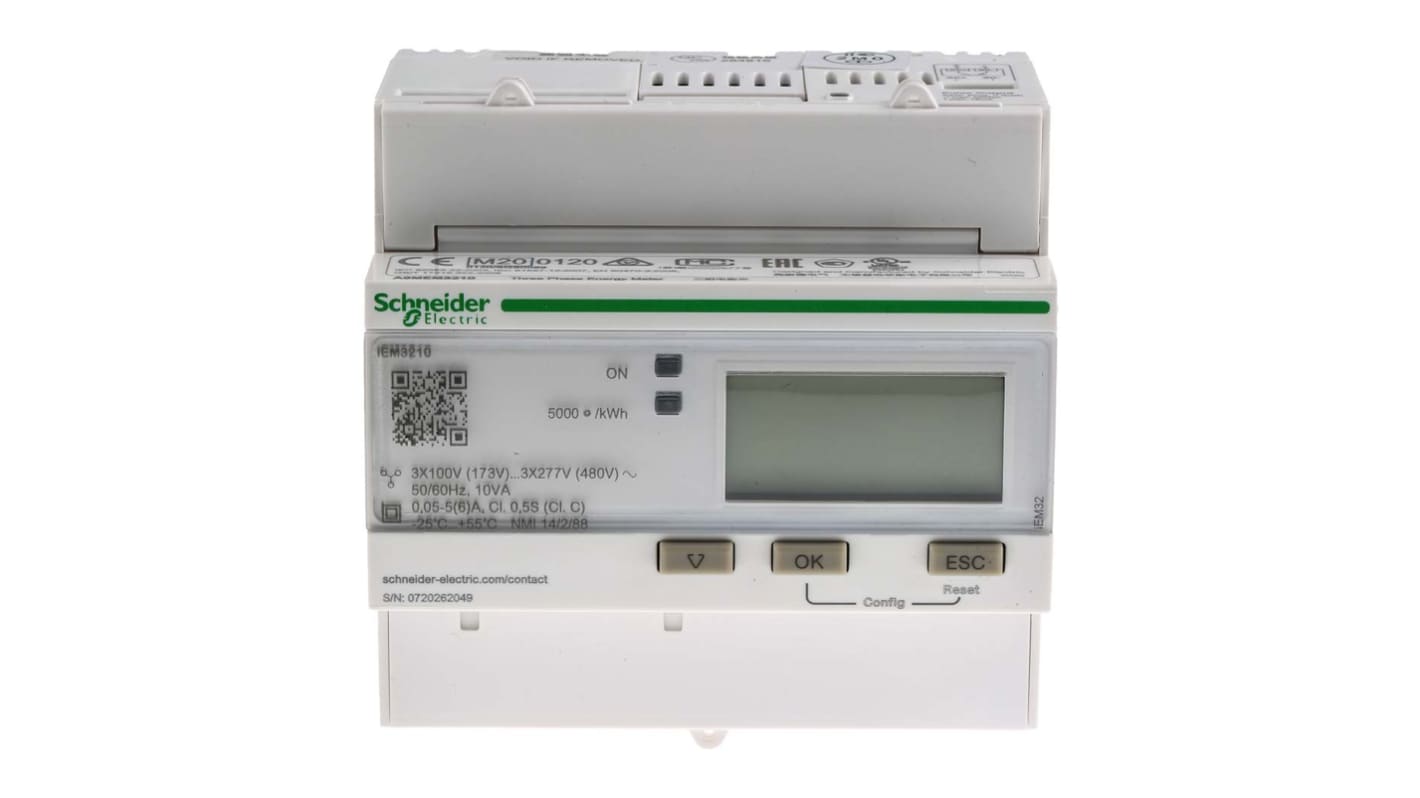 Contatore di energia Schneider Electric Acti 9 iEM3000 A9MEM3210 con display LCD 10 cifre per misurazioni precise e tariffe multiple. Ideale per monitorare il consumo energetico industriale.