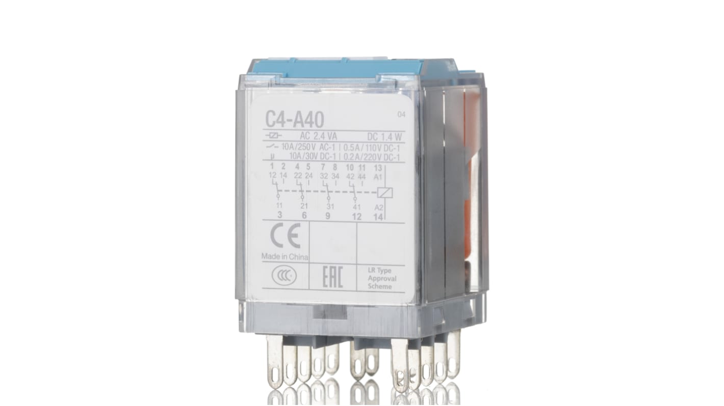Relè di potenza Turck C4-A40/024VDC, 4 poli, 24V cc, 10 A, dimensioni 35 x 35 x 52,5 mm, grado di protezione IP40.