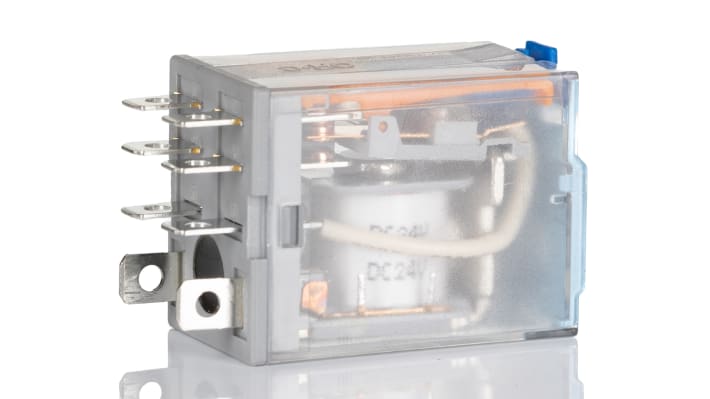 Relè di potenza Turck C7-A20 DPDT, bobina 24V cc, 10 A, dimensioni 37,5 x 21 x 28 mm, contatti in lega d'argento.