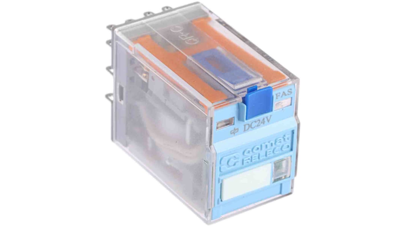 Relè di potenza Turck C9-A41DX, 4PDT, 24V cc, 10A, montaggio a innesto, dimensioni 21mm x 37,5mm x 28mm.