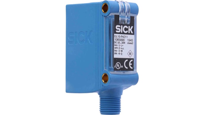 Sensore fotoelettrico rettangolare Sick GL10-P4212 a retroriflessione, rilevamento 80 mm-15 m, uscita PNP, montaggio a pannello.