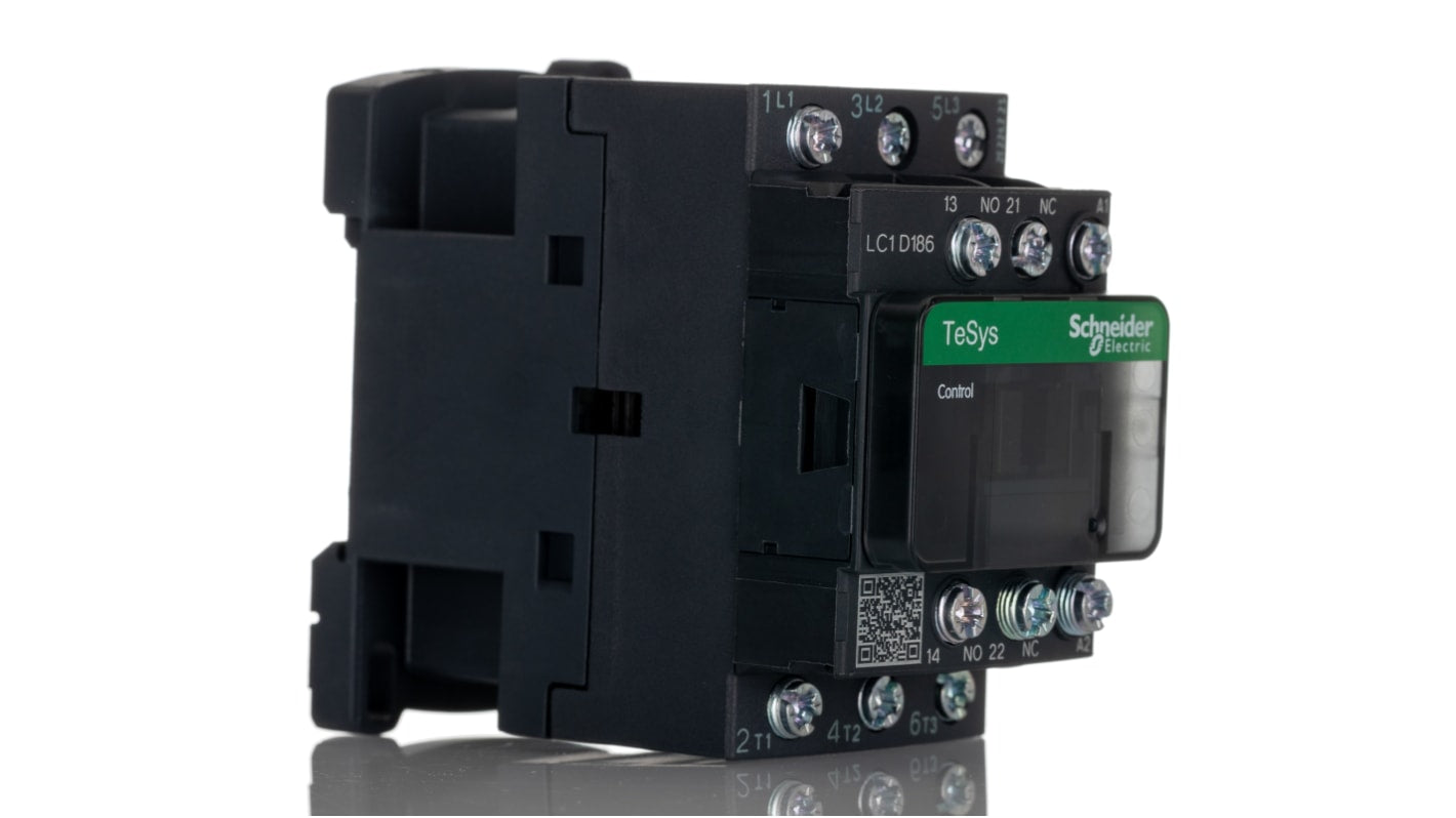 Contattore Schneider Electric LC1D186U7 per controllo motori, 3 poli, 32 A, montaggio su guida DIN, dimensioni 77 x 45 x 86 mm.