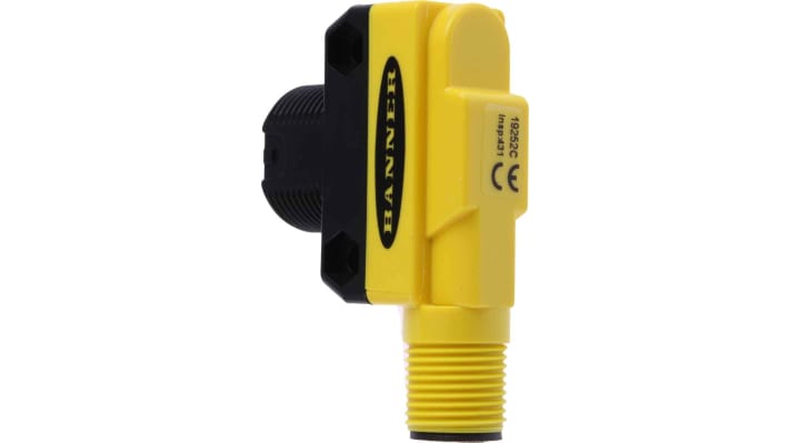 Sensore fotoelettrico cilindrico Banner QS186EQ8, rilevamento fino a 20 m, IP67, alimentazione 30 V CC, staffa di montaggio inclusa.