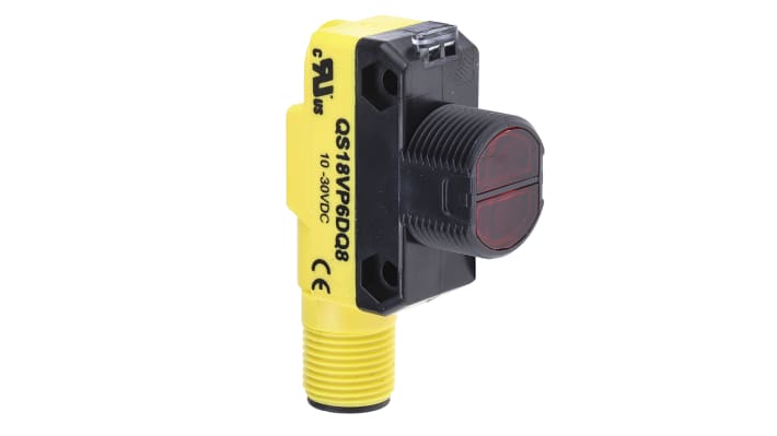 Sensore fotoelettrico cilindrico Banner QS18VP6DQ8, rilevamento 450 mm, uscita PNP, IP67, alimentazione 10-30 V CC.