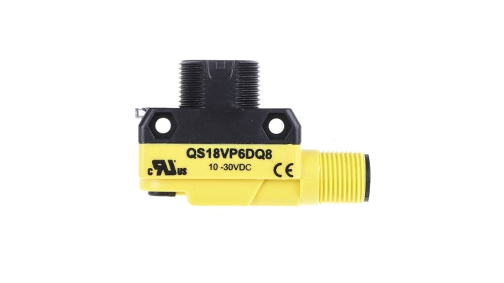 Sensore fotoelettrico cilindrico Banner QS18VP6DQ8, rilevamento 450 mm, uscita PNP, IP67, alimentazione 10-30 V CC.